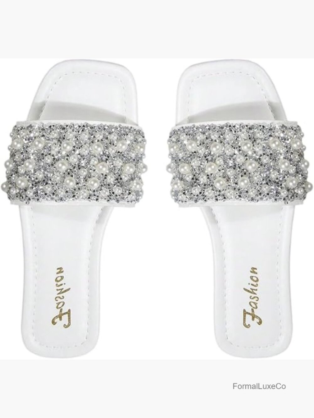 Sparkly Rhinestone Pearl Sandals Square Toe Slide Flat Wedding Boho